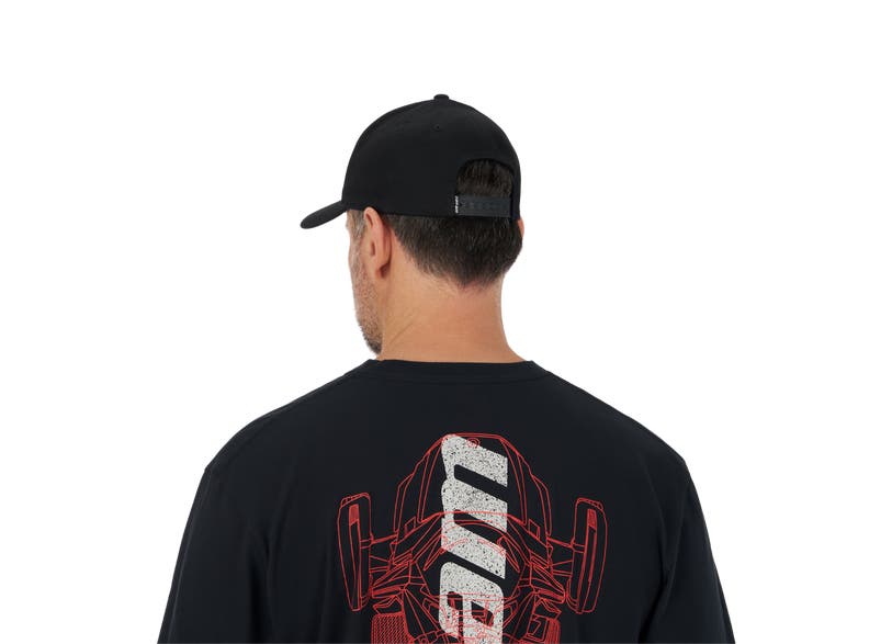 Can-Am On-Road Signature Cap black flex fit worn back view with graphic tee