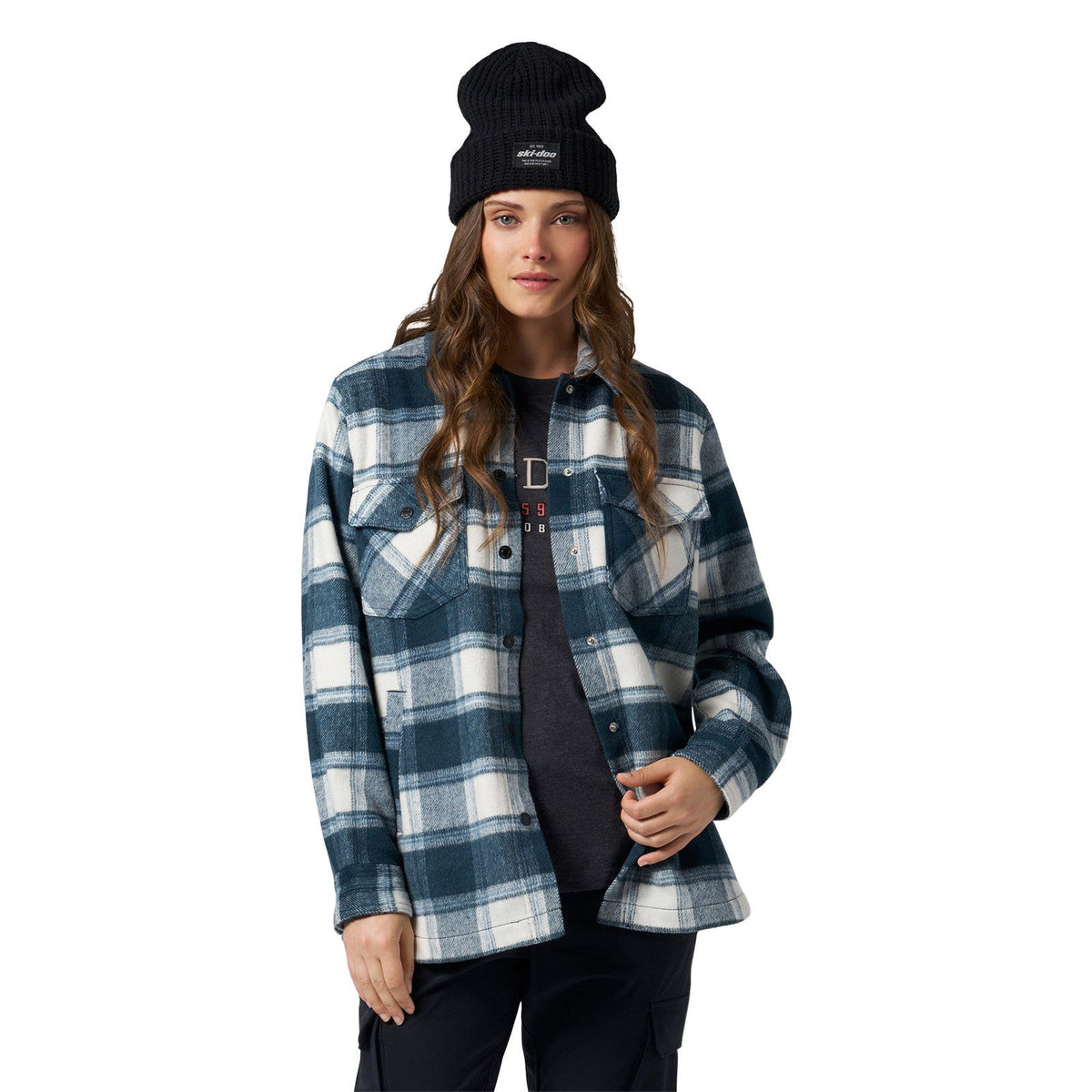 Ski-Doo Women's Plaid Overshirt in Denim Blue 288123, pocket detail