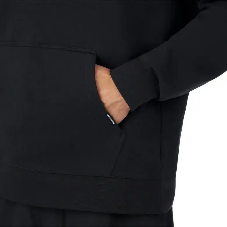 Close-up of Sea-Doo Men's Signature Pullover Hoodie showing hand in front pocket and ribbed hem detail.