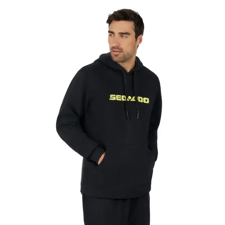 Sea-Doo Men's Signature Pullover Hoodie in black with yellow logo, perfect for casual wear and outdoor adventures.