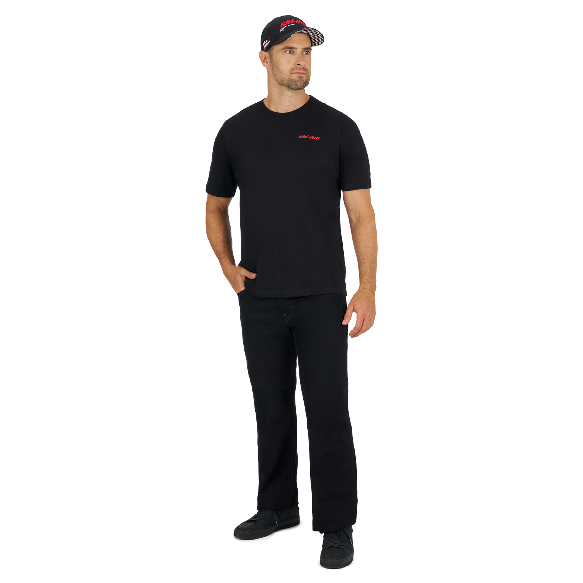 Rider wearing the Ski-Doo Men's DNA T-Shirt in Black, 288189