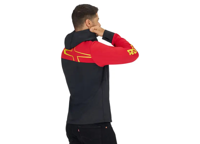 Ski-Doo Men's X-Team Edition Sno-X Zip-up hoodie black red yellow logo back view, 288191
