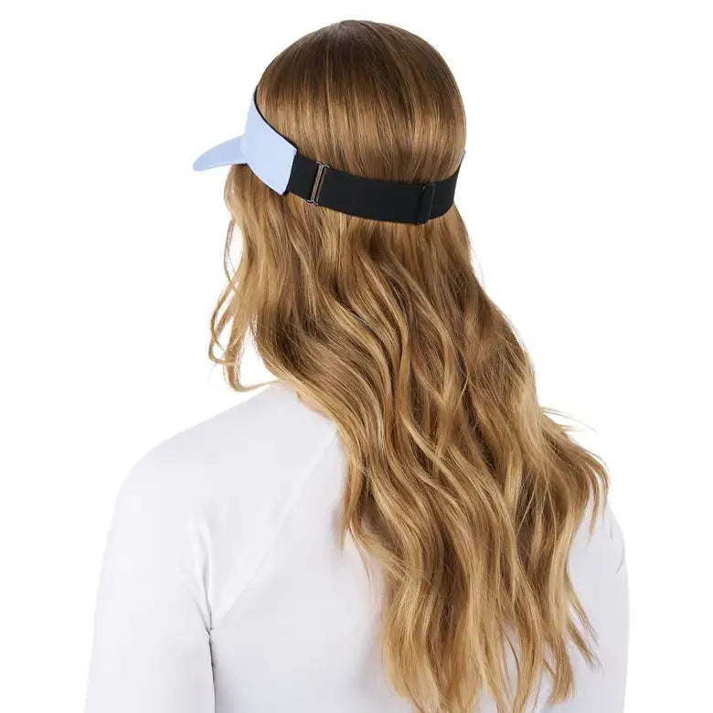 Back view of a woman wearing a Sea-Doo Women's Sun Protection Visor with adjustable strap, perfect for sun protection.
