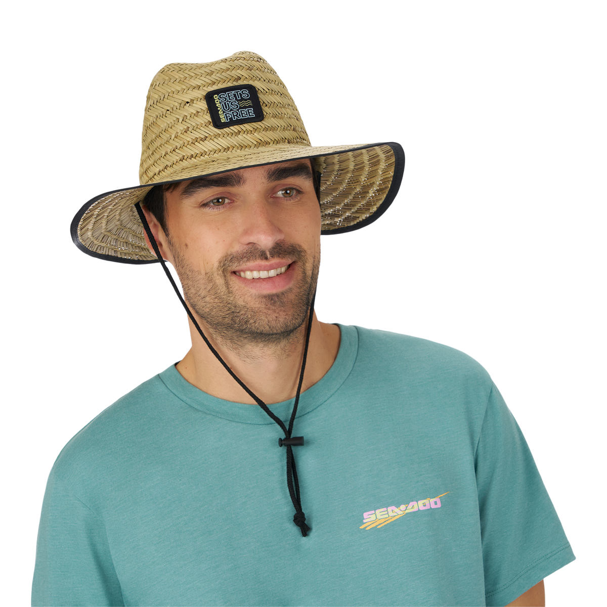 Unisex Sea-Doo Sets Us Free straw hat with wide brim and adjustable chin strap, worn by a man.
