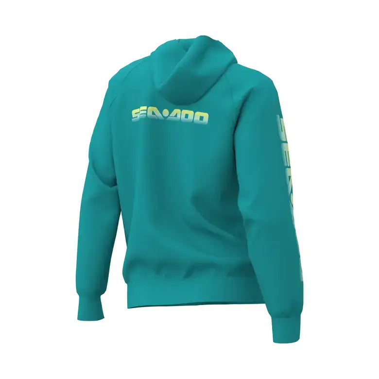 Sea-Doo Women's Signature Pullover Hoodie in teal with logo on arm and back, ideal for comfort and style.