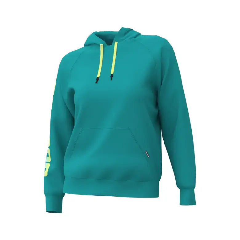 Sea-Doo Women's Signature Pullover Hoodie in teal with yellow accents and kangaroo pocket.
