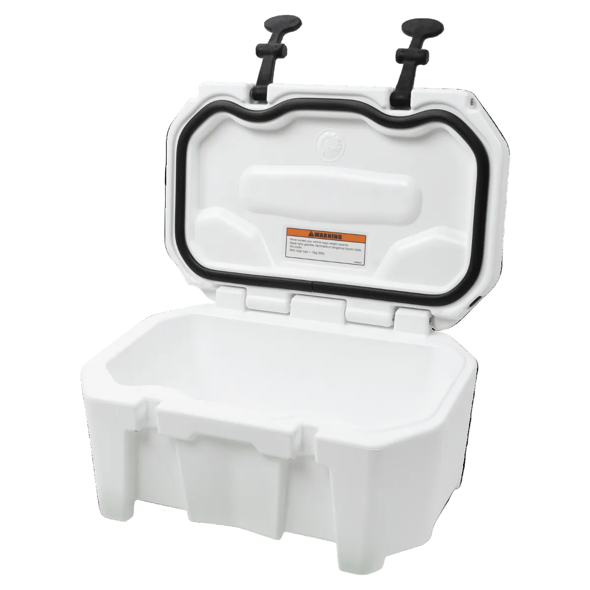 White Sea-Doo LinQ rigid cooler open lid view showing sealed gasket and interior storage bin