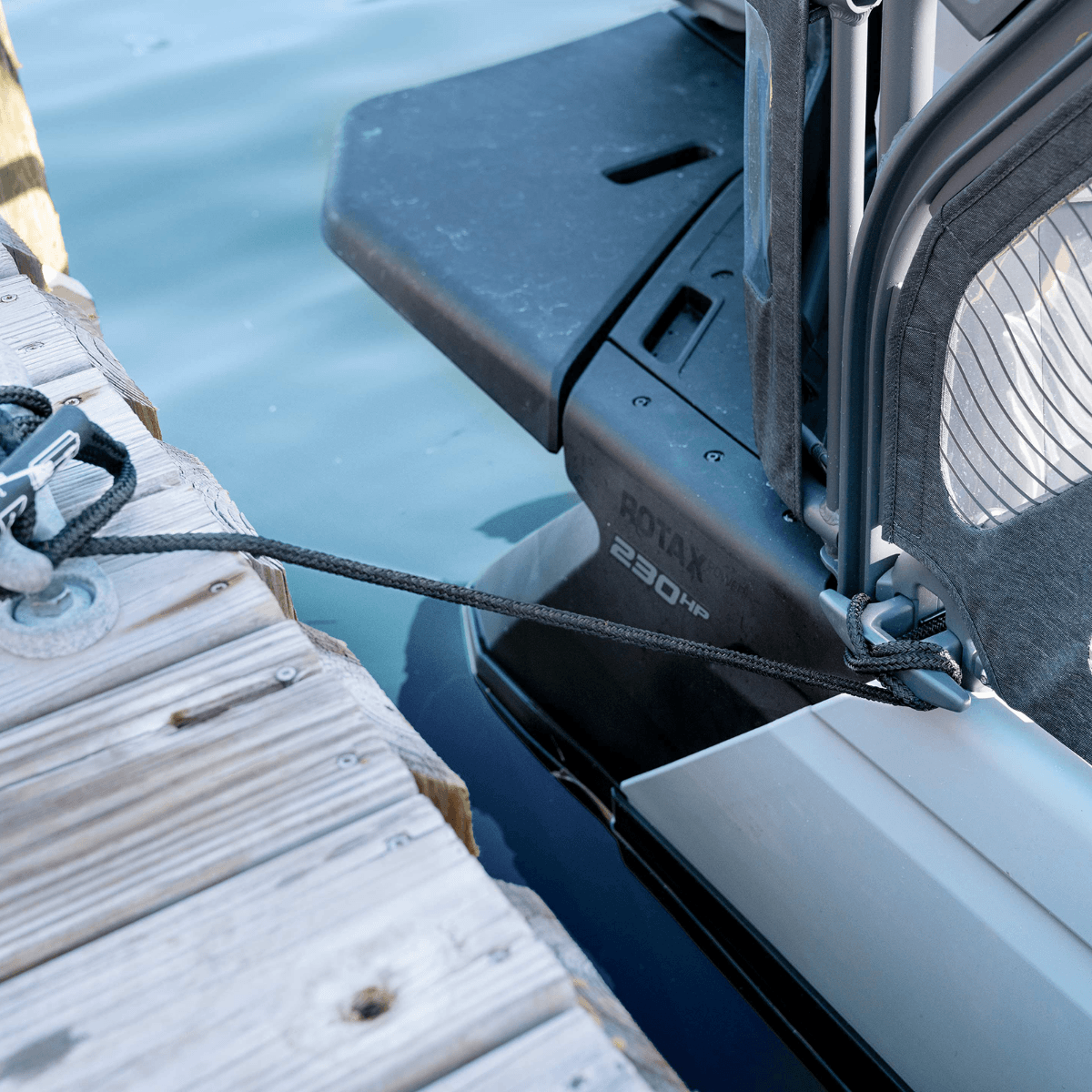 Sea-Doo Speed Tie retractable dock line securing pontoon Rotax 230HP watercraft to dock cleat