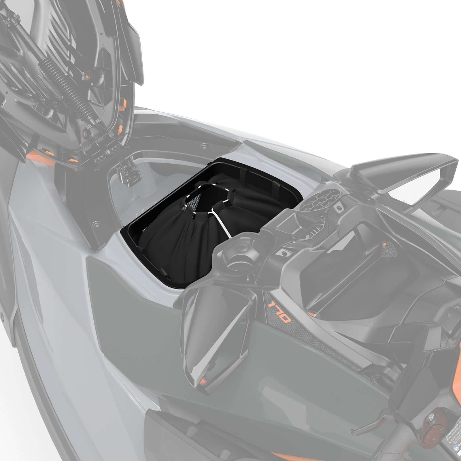 Sea-Doo removable front storage bin organizer installed in GTI hull, 13L capacity