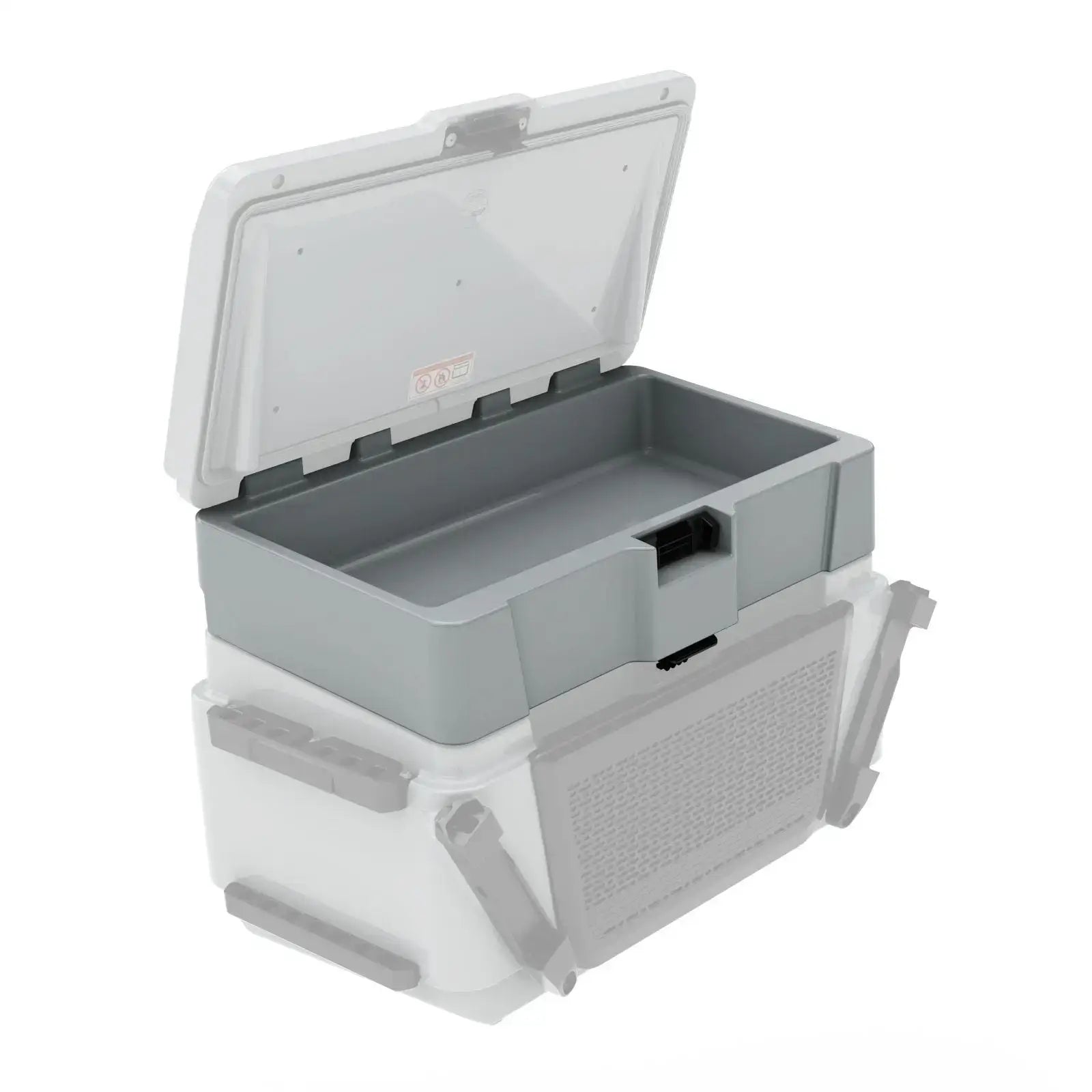 Sea-Doo LinQ 13.5 US Gal cooler extension with open lid, featuring single latch and insulated storage.
