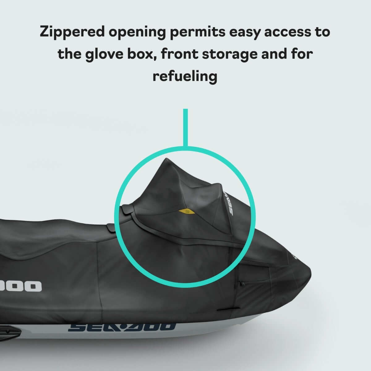 Sea-Doo FishPro storage cover black with zippered opening for glove box and refueling access