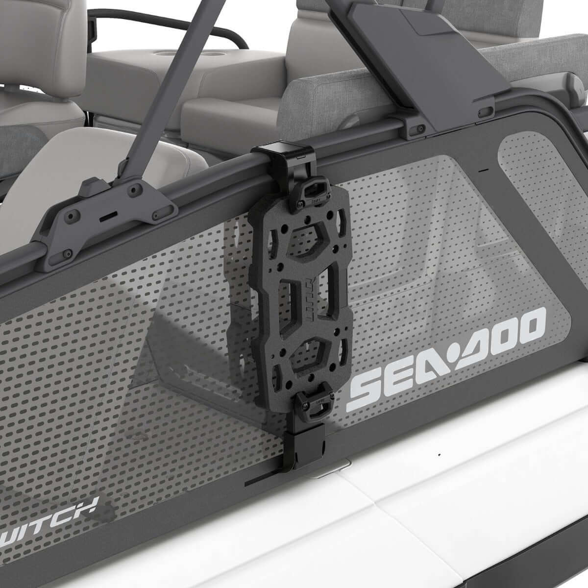 Sea-Doo LinQ vertical support storage system mounted on Switch pontoon rail, close-up view