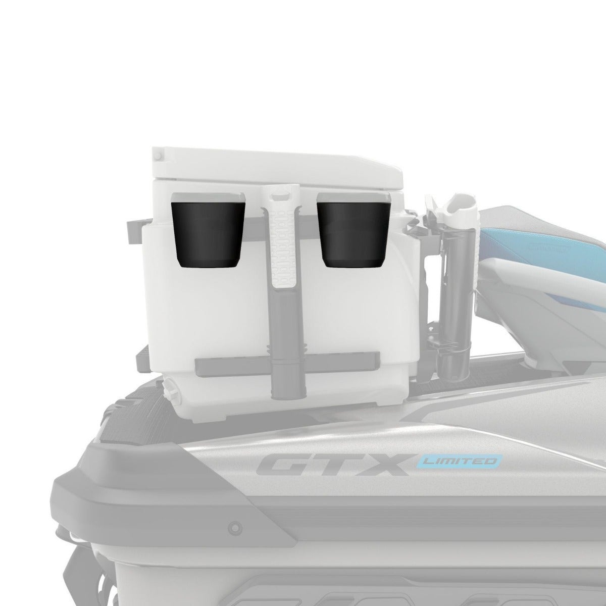 Two Sea-Doo LinQ cup holders mounted on a cooler on a GTX watercraft