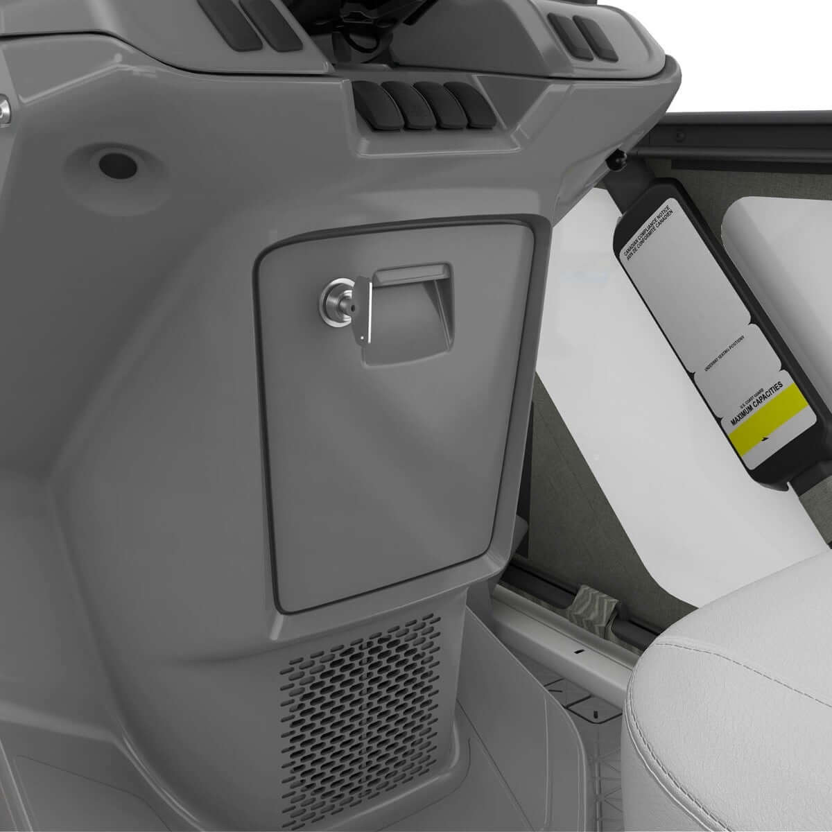 Sea-Doo Switch pontoon glove box with stainless barrel lock installed closeup