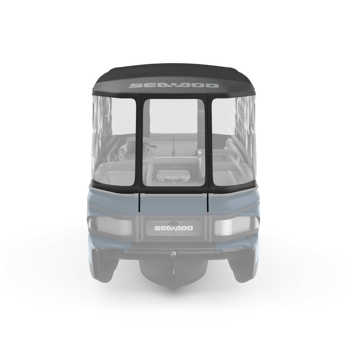 Sea-Doo Camper Enclosure 18-foot fitted on Switch pontoon front view with clear windows