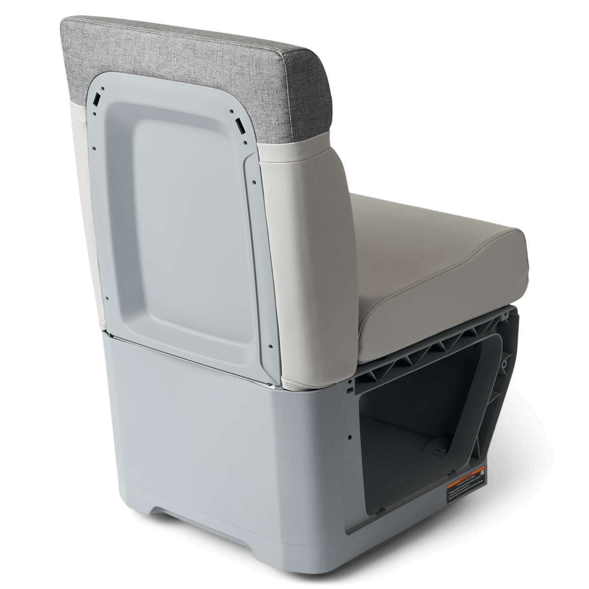 Sea-Doo Switch pontoon quick-attach single seat rear view showing gray upholstery and molded base