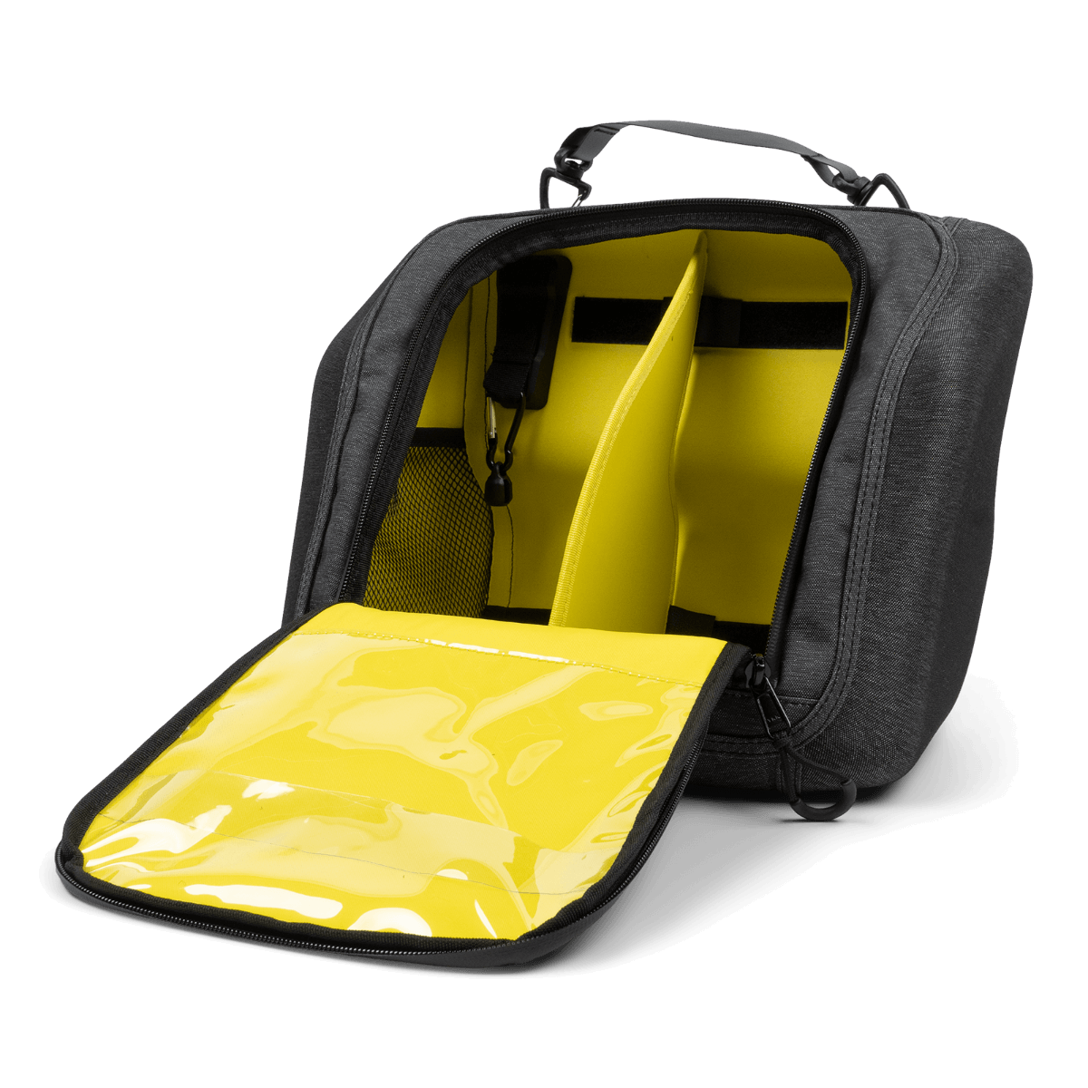 A yellow and black cooler bag on a black background