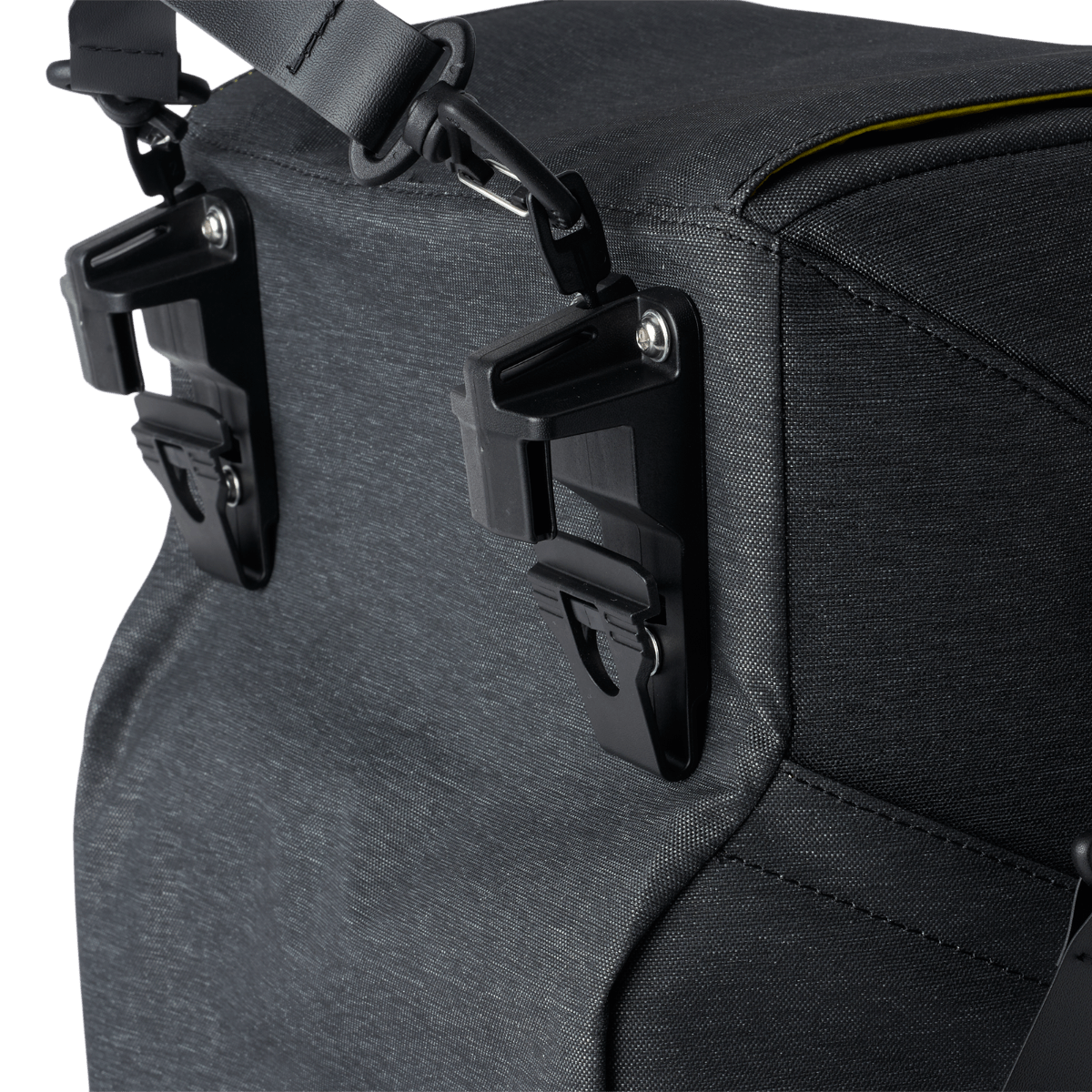 Sea-Doo LinQ Lite canvas bag mounting clips and quick-release hooks close-up, gray weatherproof storage system