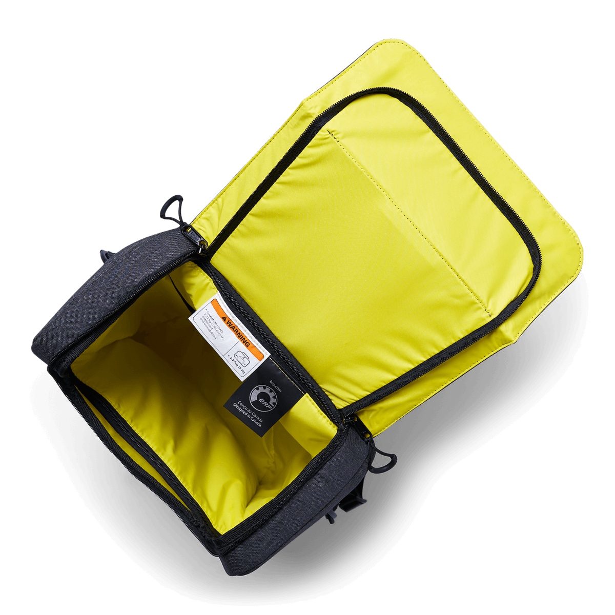 Sea-Doo LinQ Lite Canvas Bag interior view showing yellow lining and open zipper compartment