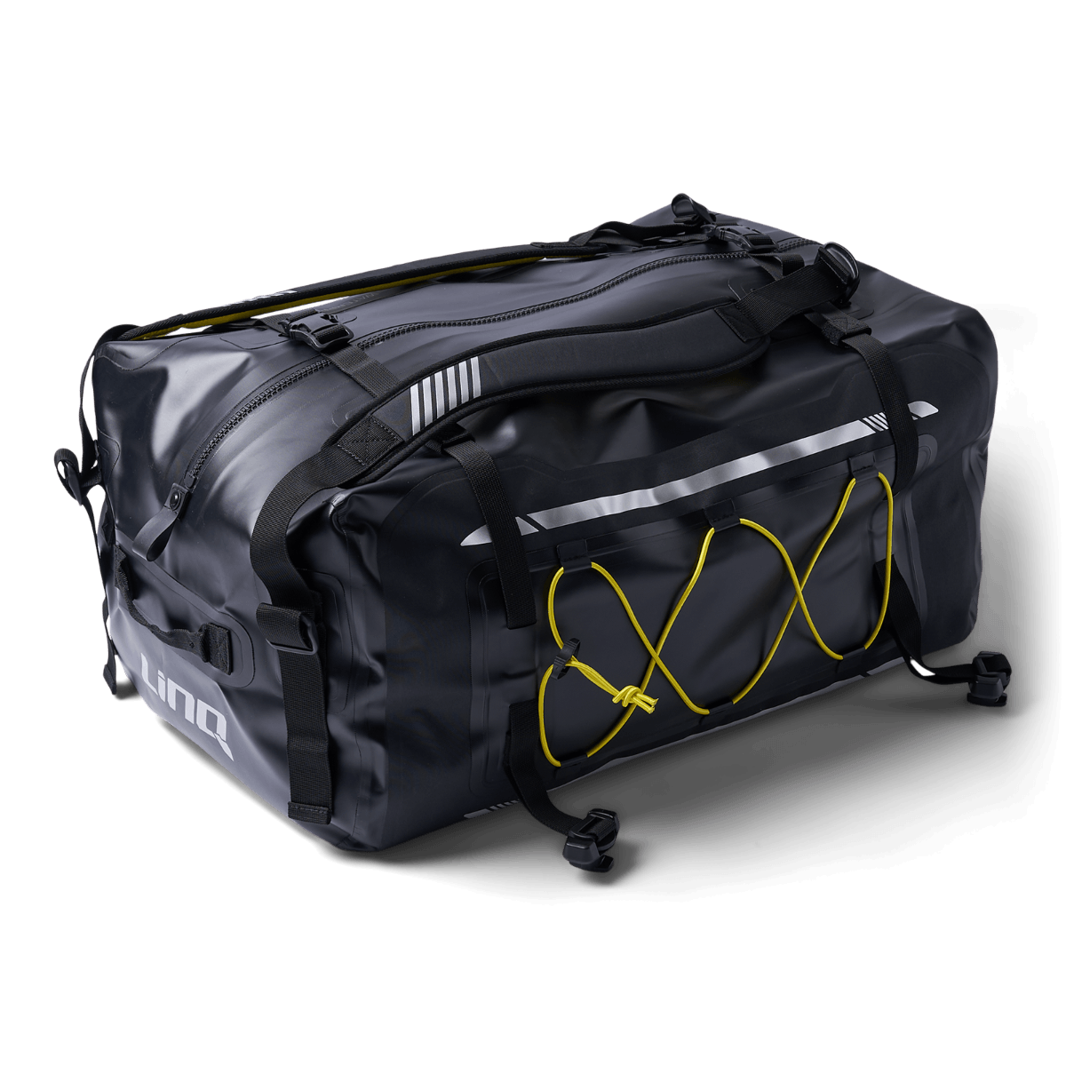 A black duffel bag with yellow straps