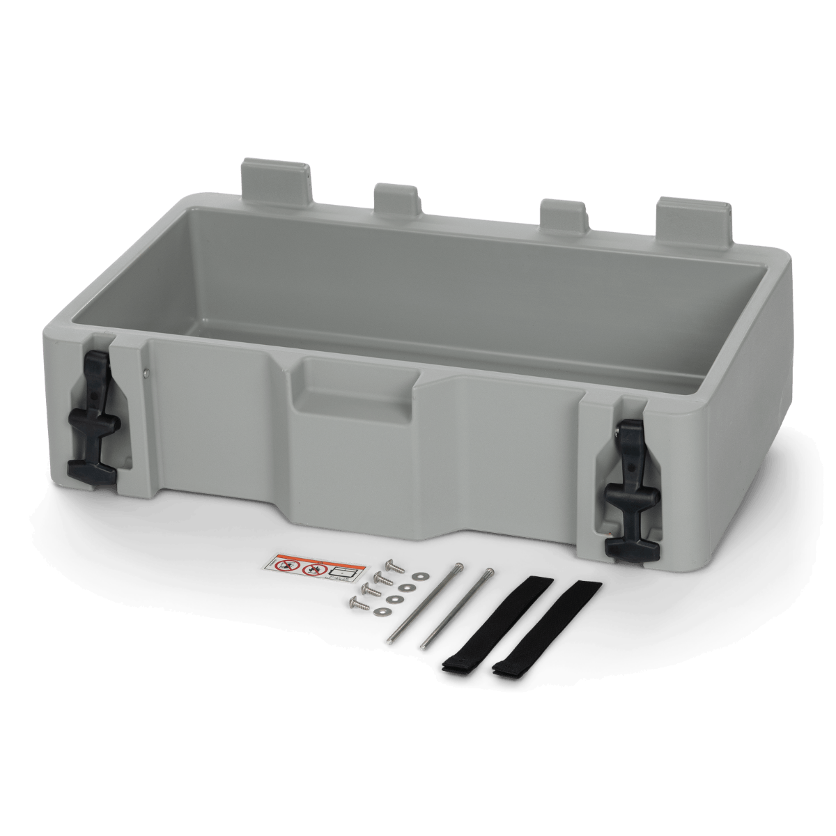 A plastic storage box with screws and washers