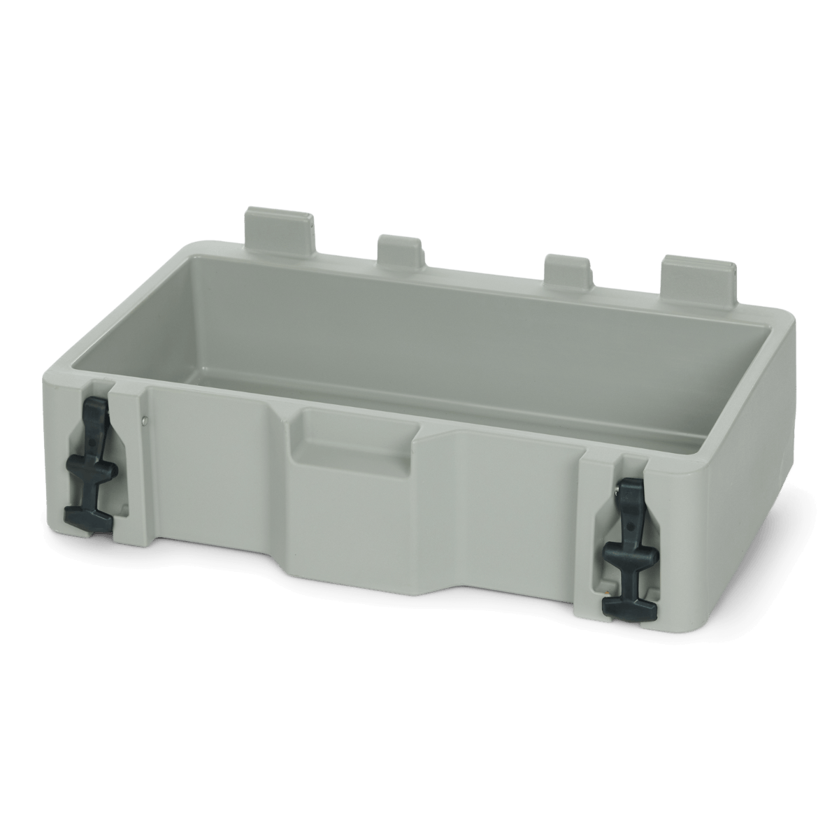 A gray plastic storage box with two handles