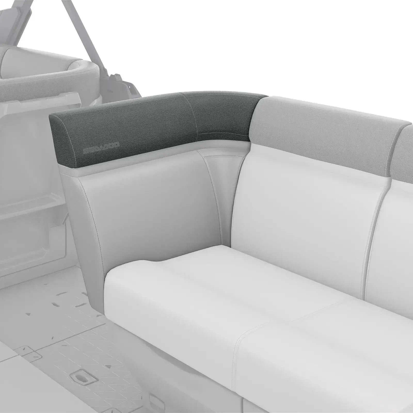 A white padded backrest with black trim, designed to be mounted to the side of a Switch Single Seat for enhanced comfort and versatility in a boating setting.