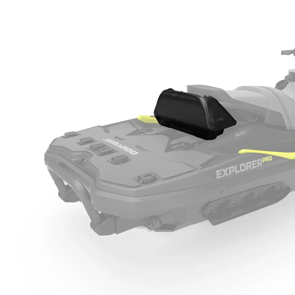 Black LinQ seat bag on back of Sea-Doo