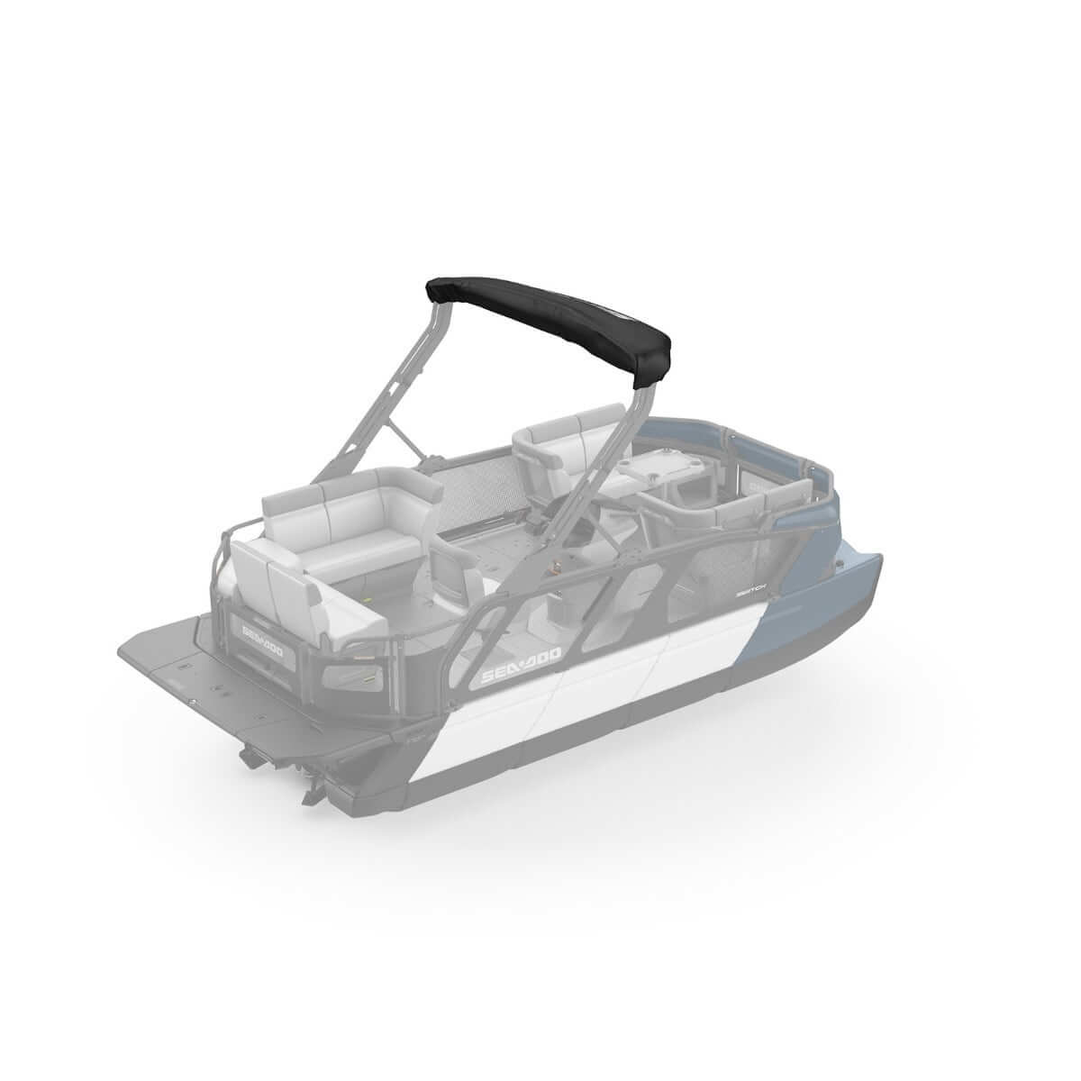 Black bimini top sleeve cover installed on Sea-Doo Switch pontoon boat frame