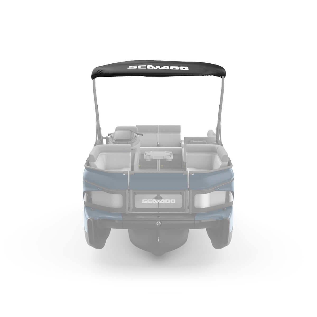 Sea-Doo black bimini top canopy shown installed on pontoon boat frame