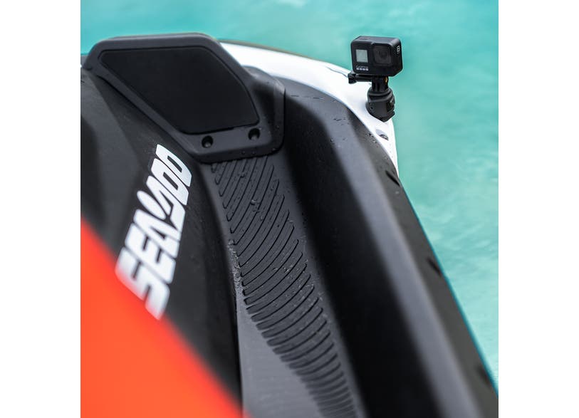 Sea-Doo LinQ Lite action camera holder mounted on watercraft bow with action camera attached