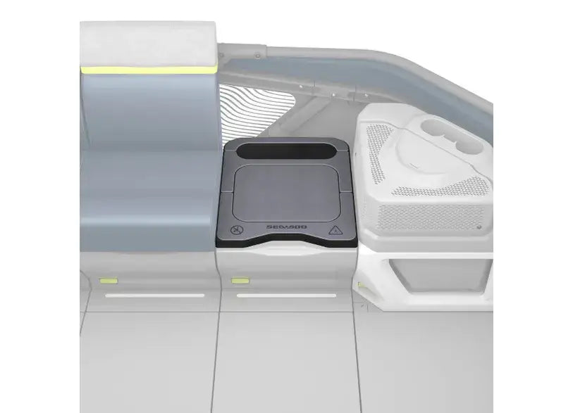 Sea-Doo LinQ Modular Step boarding platform installed on Switch pontoon deck, quick attach system