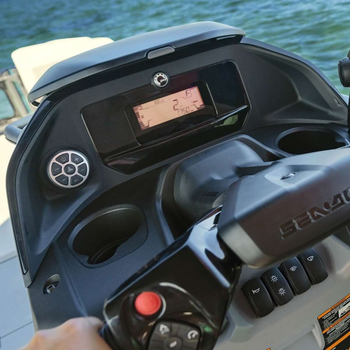A close up of the console on a sea-doo switch