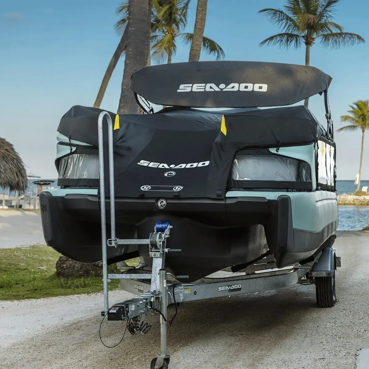 Sea-Doo Switch Sport 18 ft pontoon with black mooring trailering cover on trailer