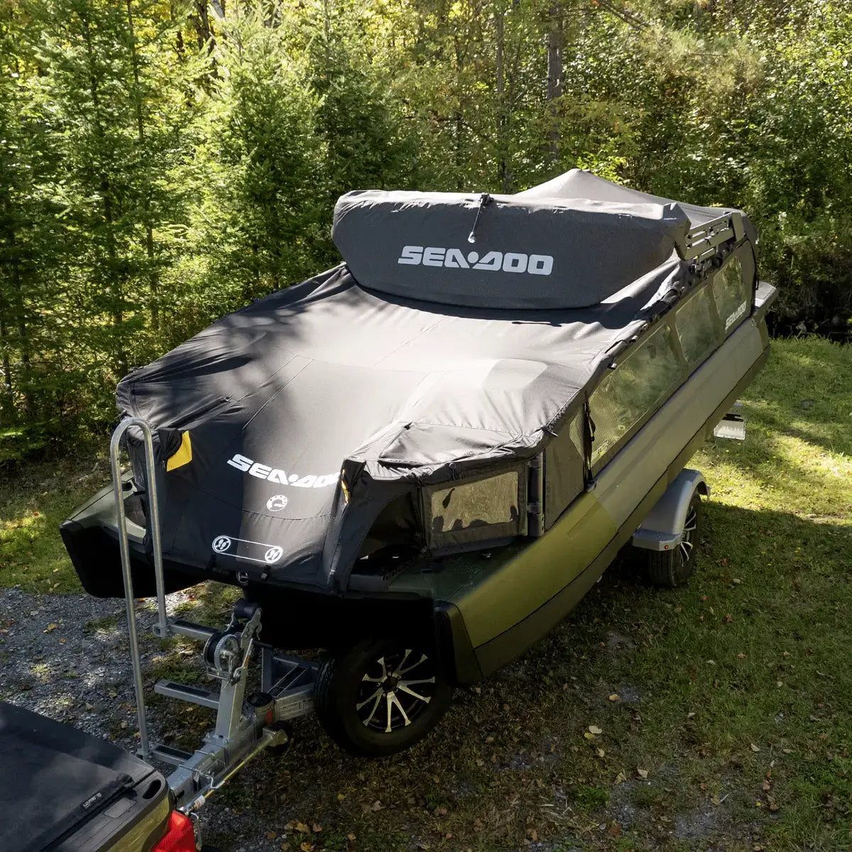 Sea-Doo Mooring and Trailering Cover installed on Switch Cruise 18 ft pontoon on trailer