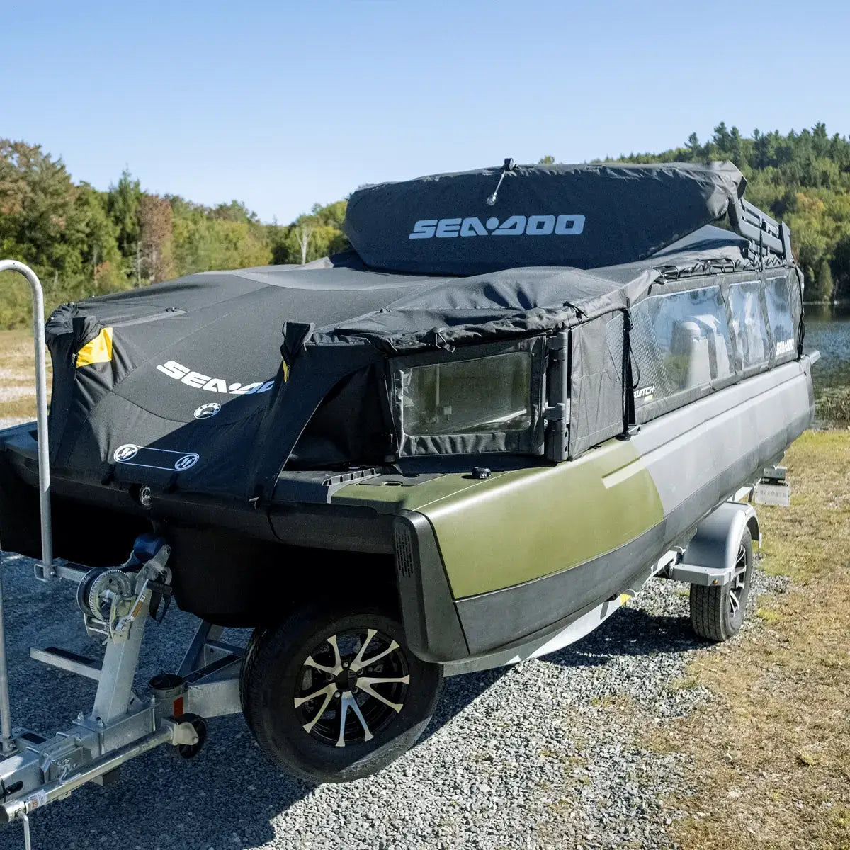 Sea-Doo Switch Sport 18 ft pontoon on trailer with black mooring and trailering cover installed