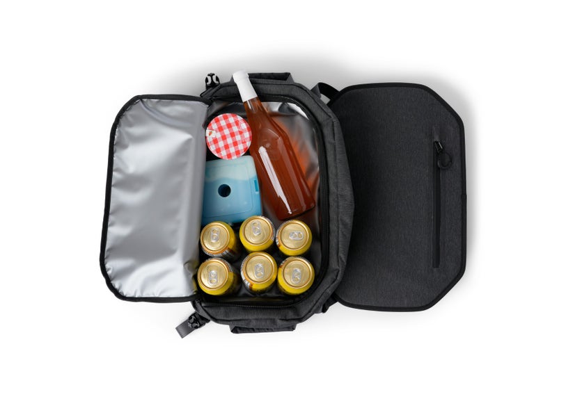 Sea-Doo LinQ 5.3 US Gal semi-rigid cooler open interior with insulated lining holding drinks and cans
