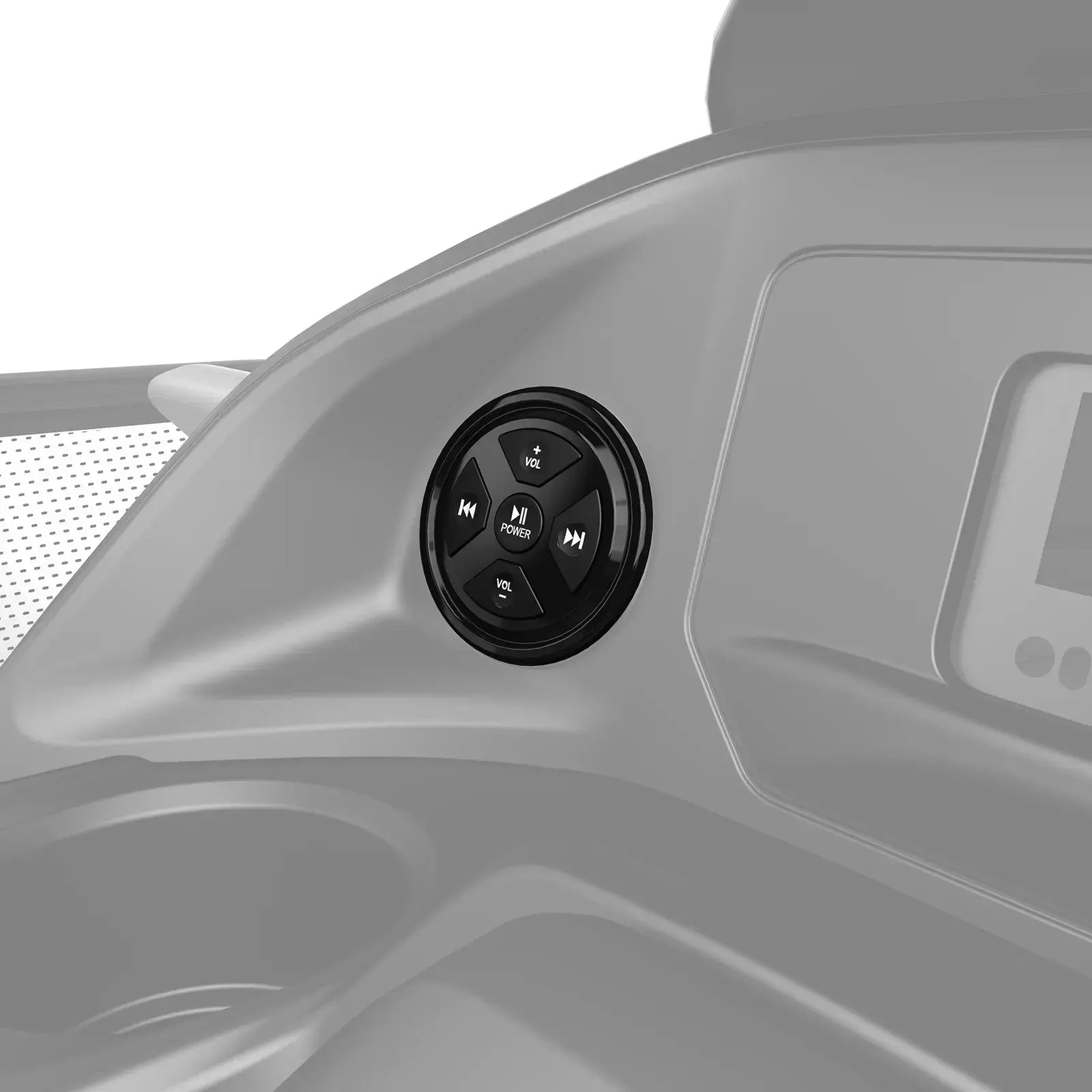 Console-mounted control pad for BRP Audio System in Sea-Doo, providing easy access to music while on the water.