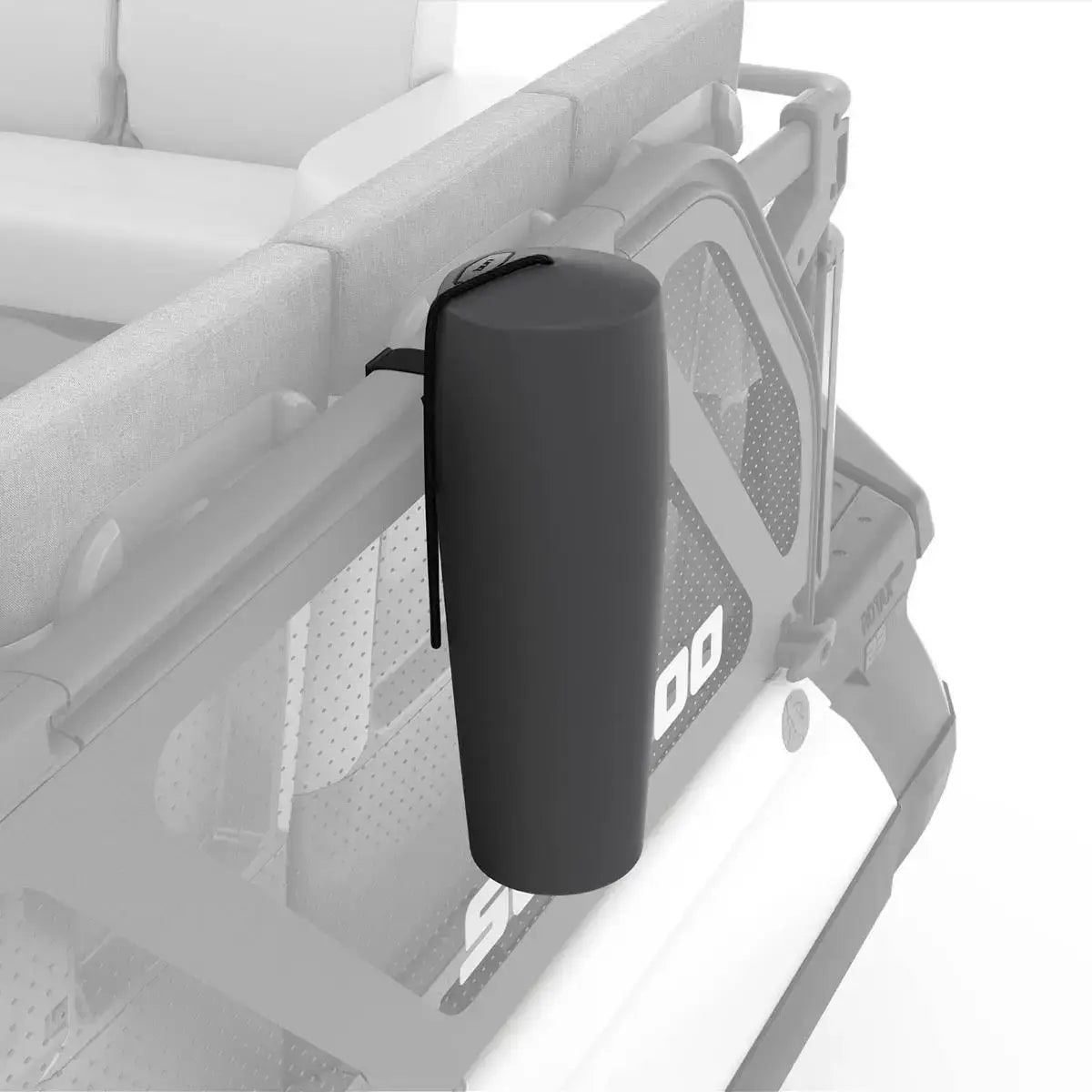 Black cylindrical fender bumper mounted on Sea-Doo Switch pontoon rail, LinQ Lite dock protection