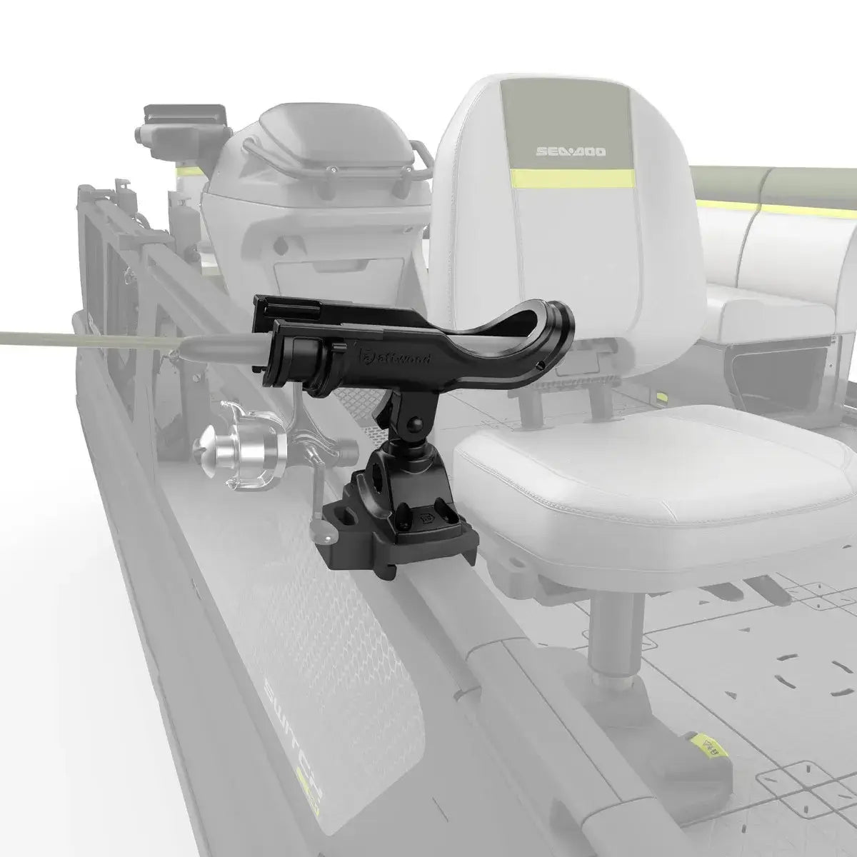 Sea-Doo LinQ Fishing Rod Holder mounted on a pontoon, designed for secure rod transport and easy trolling.