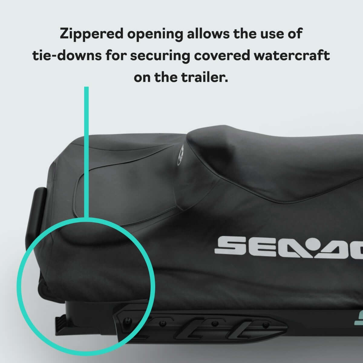 Sea-Doo black storage cover on RXT GTX Wake Pro showing zippered tie-down opening detail