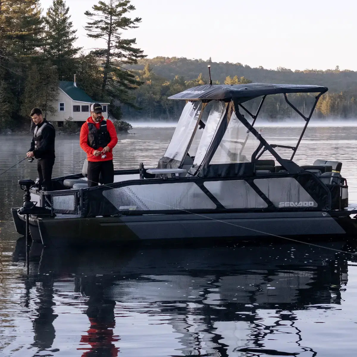 Sea-Doo front dodger windshield installed on 21 ft Switch pontoon boat with anglers fishing on lake