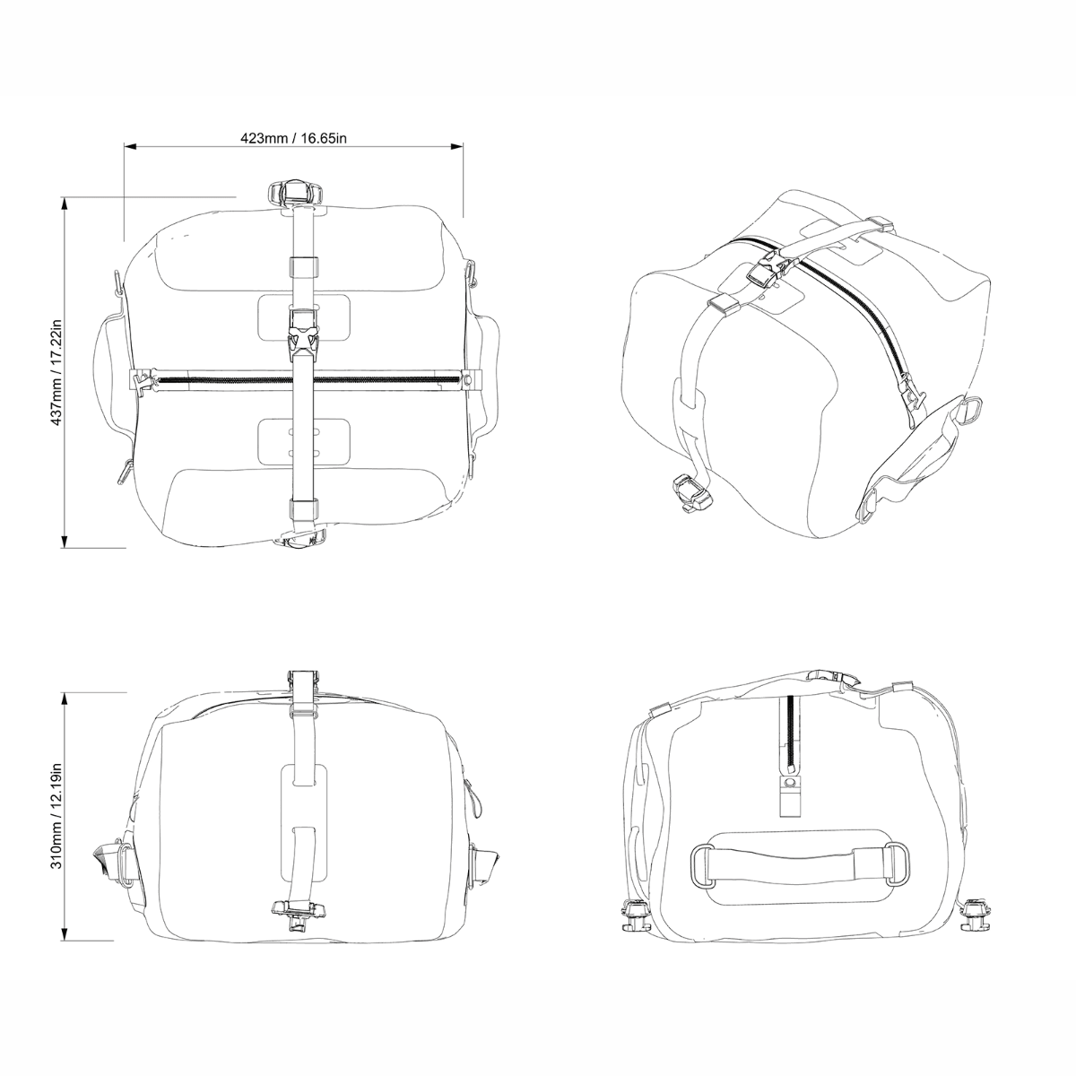 Sea-Doo LinQ 30L dry bag technical line drawing showing dimensions and quick attach straps