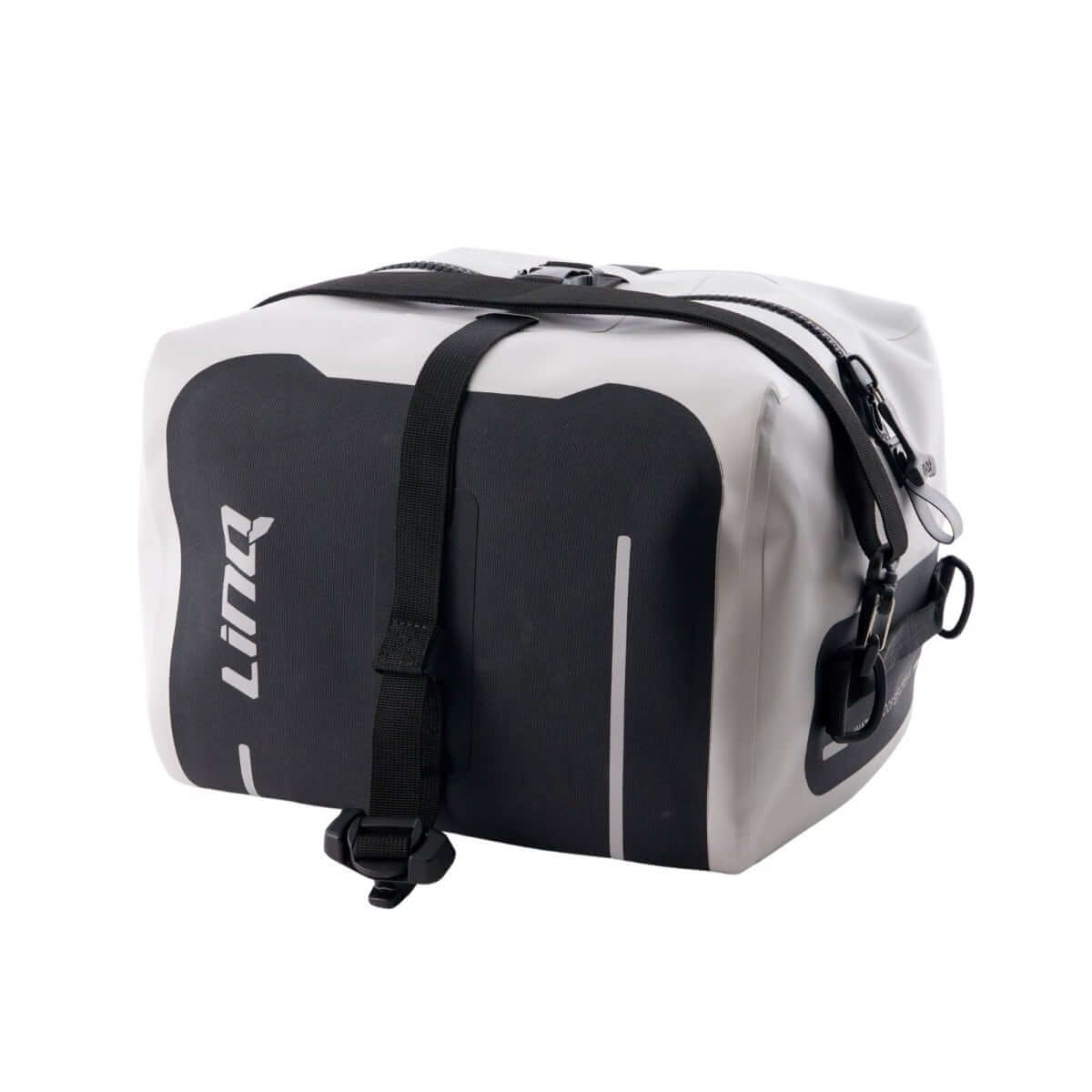 Sea-Doo LinQ 30L waterproof dry bag in gray and black with quick-attach straps