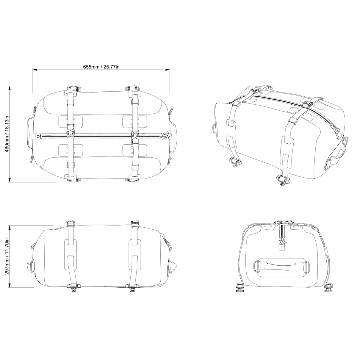 Sea-Doo LinQ 50L dry bag dimensions diagram showing multiple angles and straps
