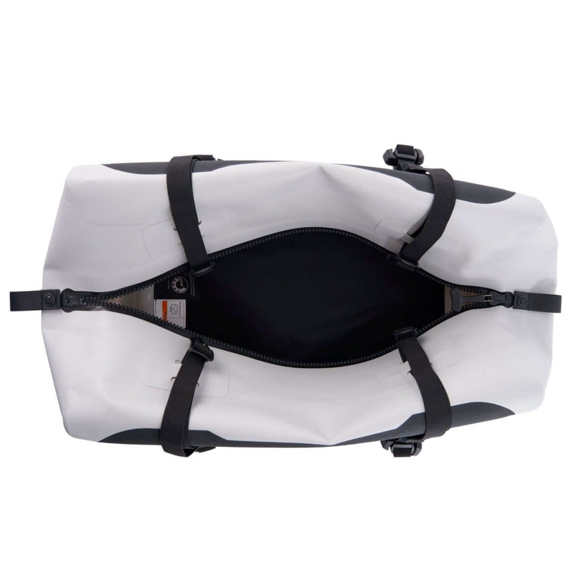 Sea-Doo LinQ 50L waterproof dry bag top view open zipper showing interior and straps