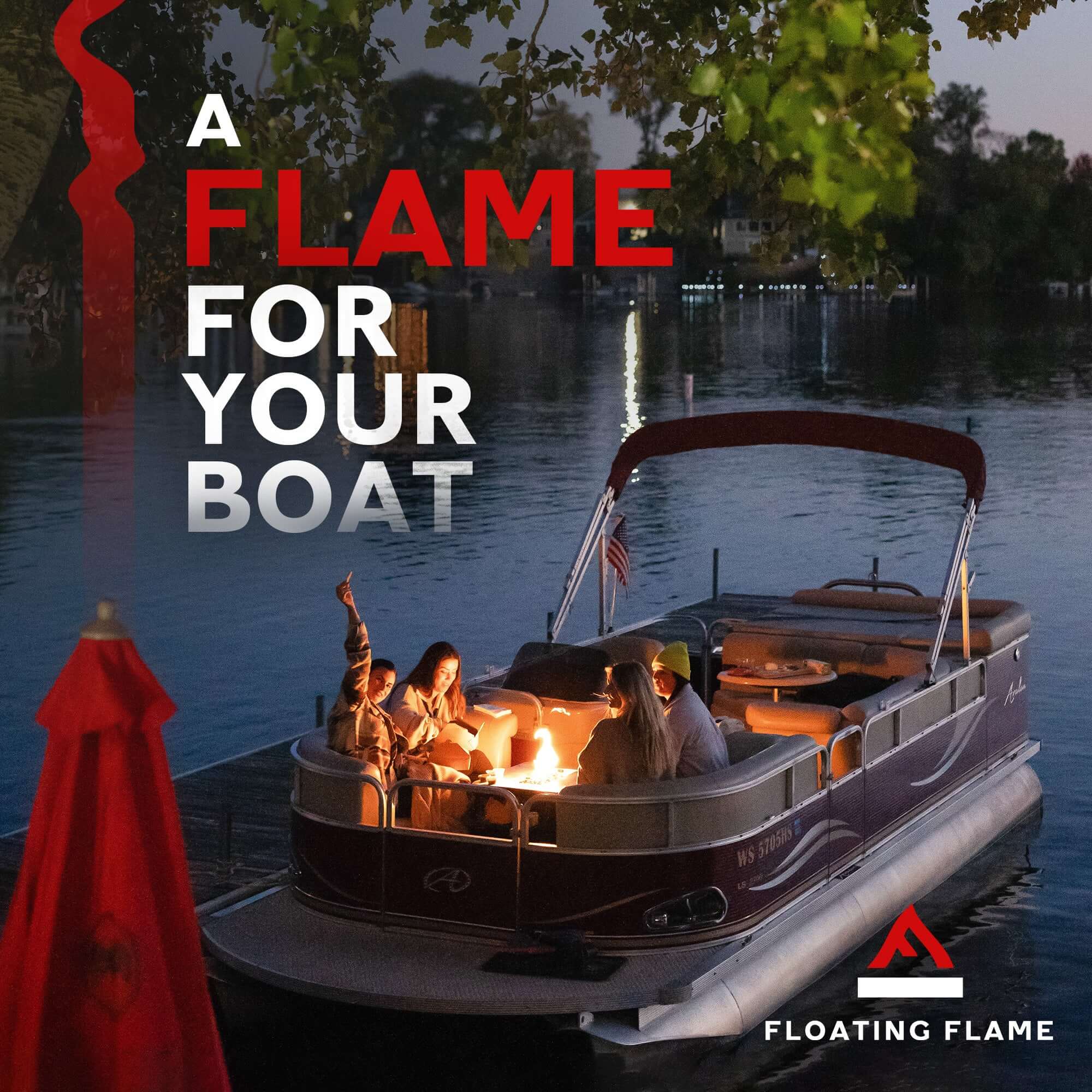 Floating Flame Portable Fire Pit on a boat with flame active
