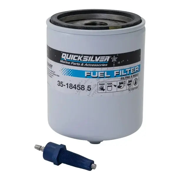 Quicksilver fuel filter with a blue cap on a white background
