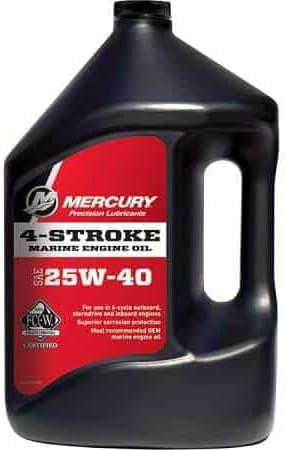 A bottle of Mercury Marine 4-Stroke 25W-40 Synthetic Blend Marine Engine Oil.