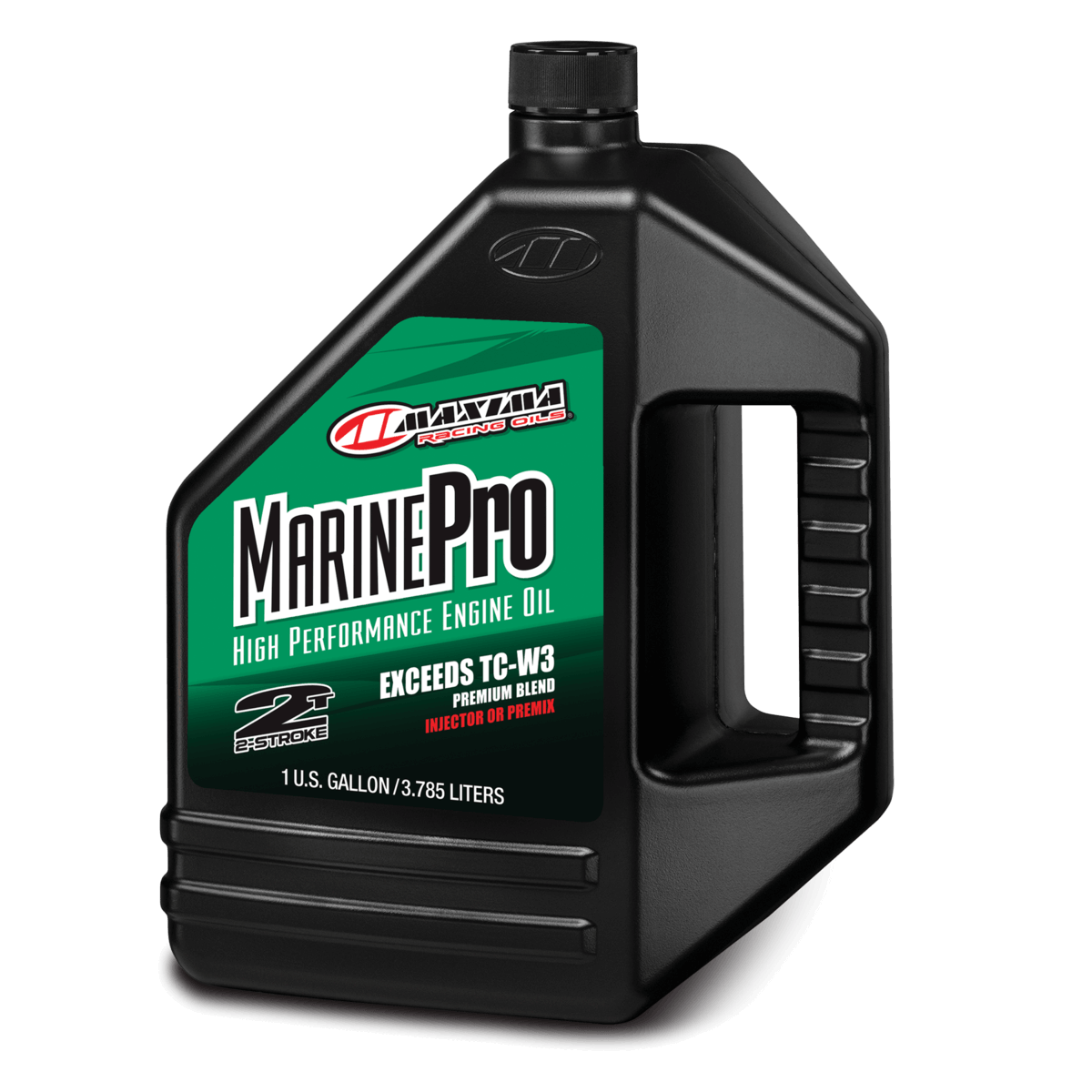 Black bottle of Maxima Marine Pro engine oil on a white background